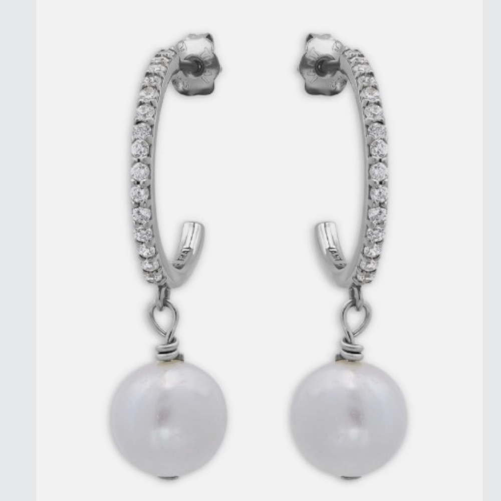 AQUA Womens Sterling Silver Cultured Freshwater Pearl Pave Crystal Hoop Earrings